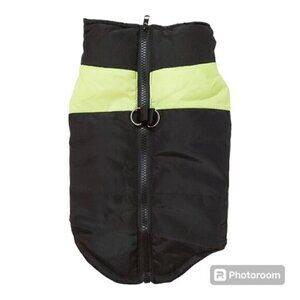 Black Dog Winter Coat with Fluorescent Green Stripe - Zipper Closure, Size Small